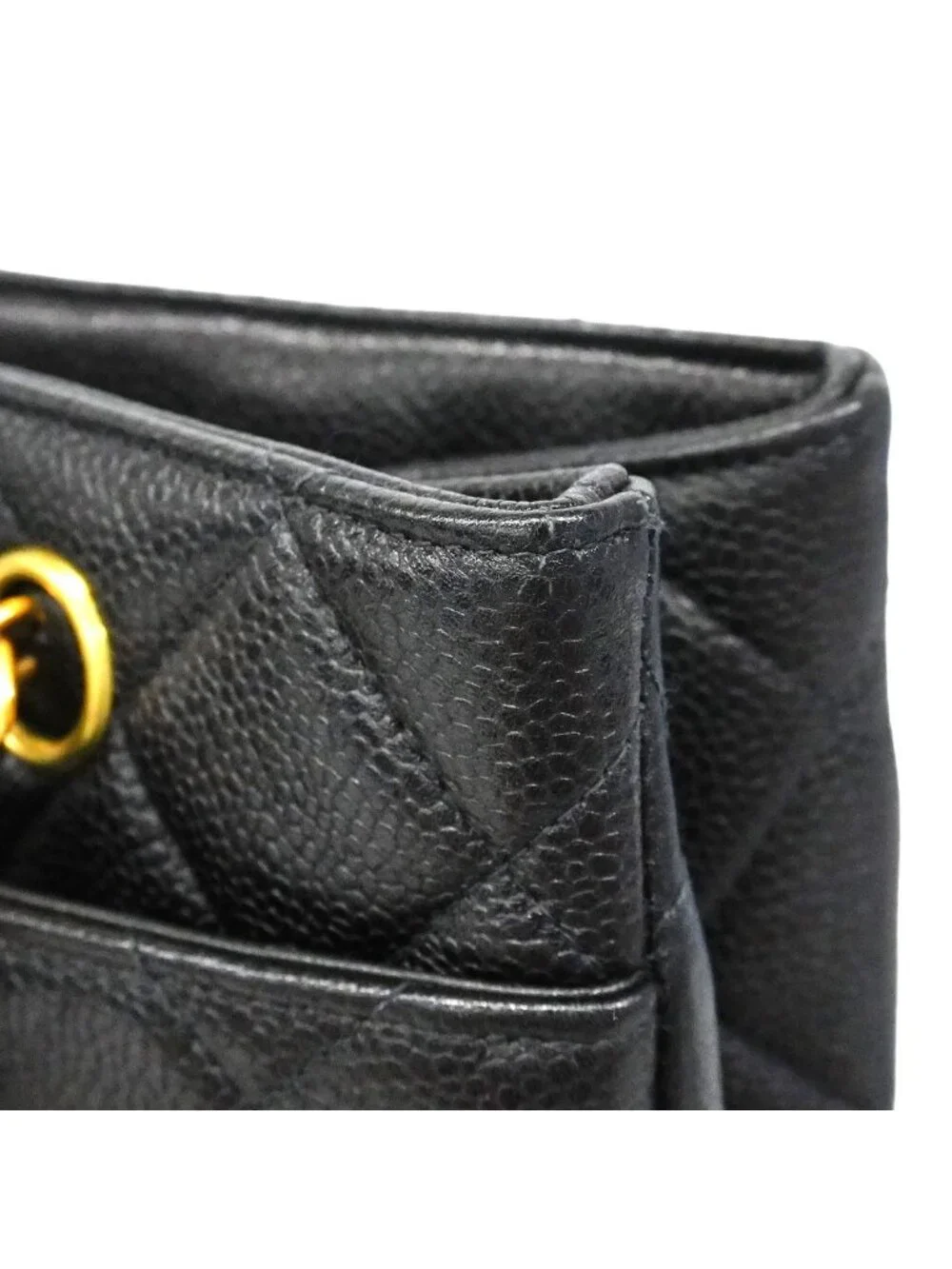 Chanel Chain Tote Bag Quilted Caviar Leather Black Gold